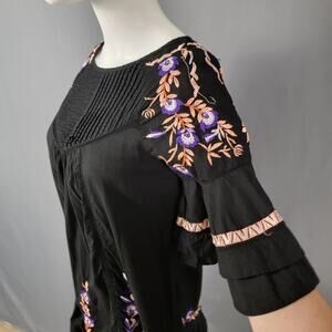 Free People Black Embroidered Mini Dress XS Babydoll Boho Festival Ruffle